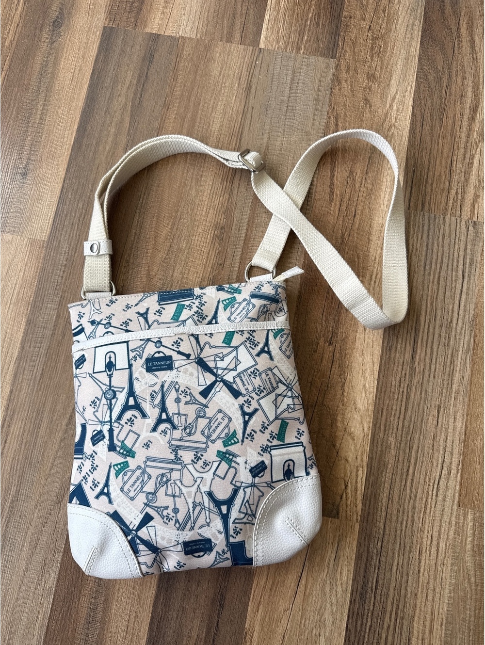 Les Tanneurs Paris Print Crossbody Bag Cream Blue Travel France Shoulder Purse